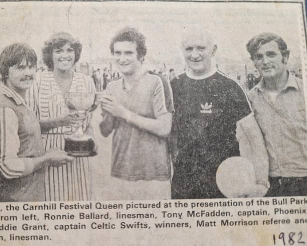 Ms Erin Friel, the Carnhill Festival Queen, pictured at the presentation of the Bull Park Trophy with, from left, Ronnie Ballard, linesman, Tony McFadden, captain, Phoenix (runners-up), Eddie Grant, captain Celtic Swifts, winners, Matt Morrison, referee, and Sammy Brown, linesman.