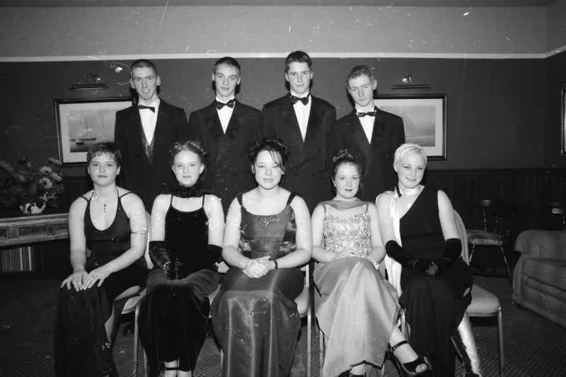 Seated, from left, Claire Cavanagh, Erin Doherty, Aphra Fisher, Bronagh Holmes and Roseanne McKinney. Standing, from left, James Rudden, Eunan Keaveney, Barry Hegarty and Damian McGonagle. Pictured at the Carndonagh Community School formal in January 1998.