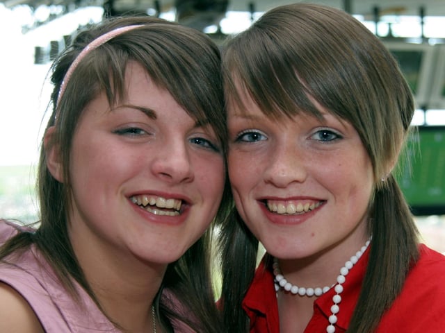 Emma McCullagh and Amy McKinney enjoy a family day out at the Lifford Stadium 0520JML : Parties and celebrations across Derry in May 2006.