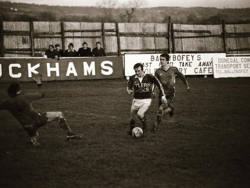 Joe Logan finishing a spectacular solo run, with Home Farm 'keeper Finnerty and defender Brady left helpless. Logan sent the ball into the goal for a hat-trick and Harps' sixth goal.