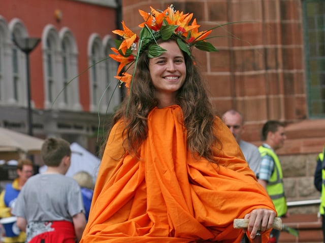 GRAVITATING!. . . .Racquel Rico (Spain), performing in Guildhall Square yesterday afternoon as part of the Fleadh celebrations. The show was written by curator Emil Dutoit. DER3313JM092