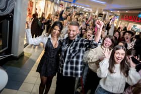 Ekin Su and Brendan Mc Dowell with shoppers at Foyleside. Stephen Latimer Photography