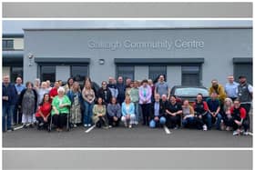 Community and elected representatives and residents launching the Féile at Galliagh Community Centre.