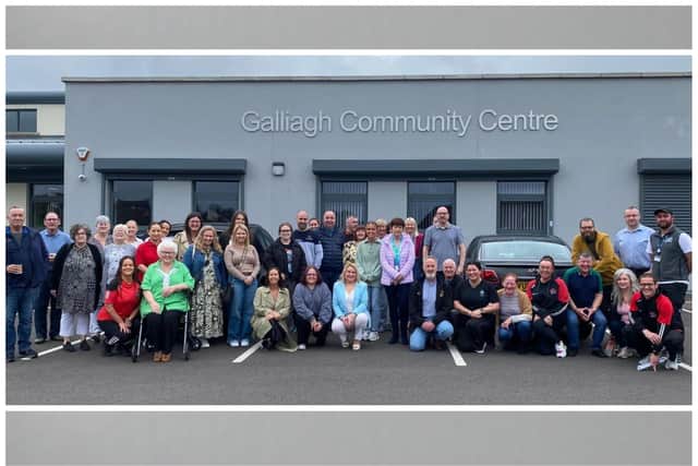 Community and elected representatives and residents launching the Féile at Galliagh Community Centre.