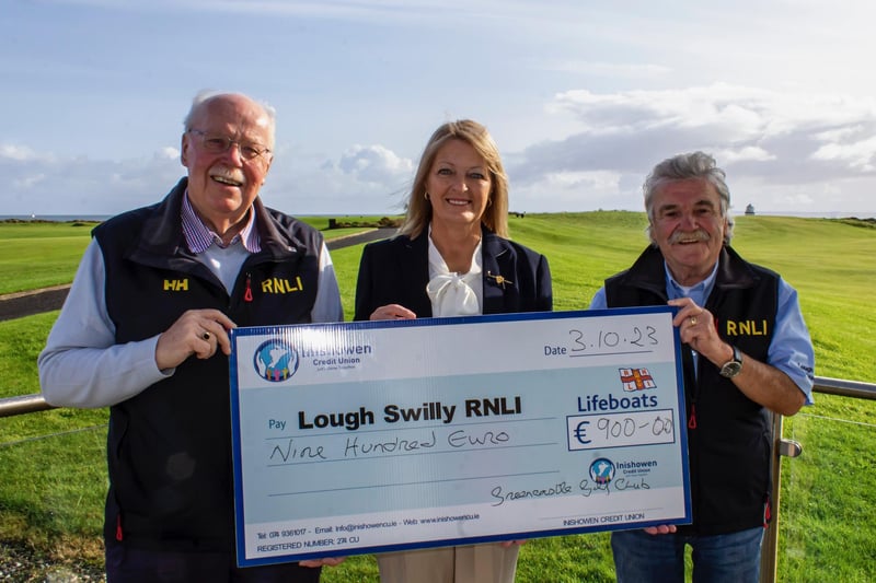 Greencastle Golf Club to RNLI Buncrana - John McCarter, Lifeboat Operations Manager, (LOM); Lady Captain, Isobel McCafferty; Eunan McConnell, Deputy Launch Authority (DLA).