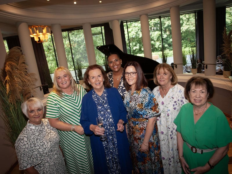 Former pupils pictured with the Birthday Girl on Saturday - From left, Catriona Friel, Brid Ann Cutliffe, Laura Keogh, Kelly Gibson, Eilish Cradden and Aniss Doherty.
