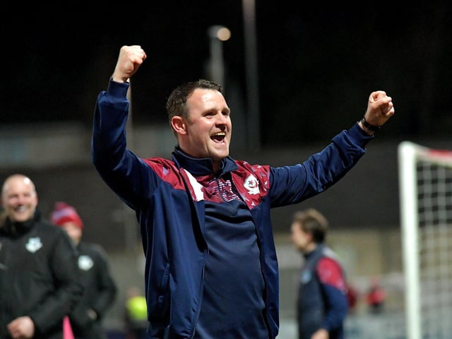 Drogheda United’s assistant manager Daire Doyle celebrates his team’s victory over Derry City in the Brandywell. Photo: George Sweeney. DER2314GS – 18