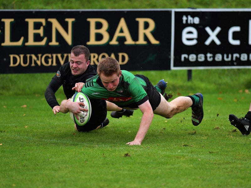 October 2023: Connemara’s Henry O’Toole fails to stop City of Derry’s David Lapsley scoring a first half try during their All Ireland Junior Cup game at Judges Road. Photo: George Sweeney