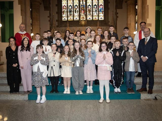 Children from Mrs. Meenan’s P7 class at Rosemount P.S. who received the Sacrament of Confirmation from Fr. Paul Farren at St. Eugene's Cathedral, on Friday afternoon last. Included is Fr. Sean Doherty, Mr. Paul Bradley, Principal and Ms. Mairead Jordan, Classroom Assistant. (Photo: Jim McCafferty Photography)