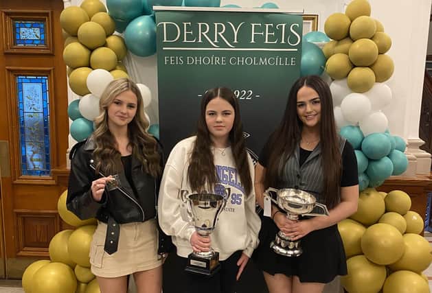 Doherty Sisters Sarah (14yrs), Alannah (12yrs) and Lauren (18yrs)who competed in the Derry Feis 2024. Sarah won third in the Musical Theatre 12-16yrs and VHC in the Popular Song 14-16yrs, Alannah was awarded first in both the English and Irish Competitions 12-14yrs and finalist in the Musical Theatre competition 12-16yrs, Lauren was awarded first in the Danny Casey Cup for Opera and 3rd in the Popular Song 16-21yrs and finalist in the Fr McDaid Cup. The girls are pupils of the McGlinchey School of Music and St Cecilia’s College.