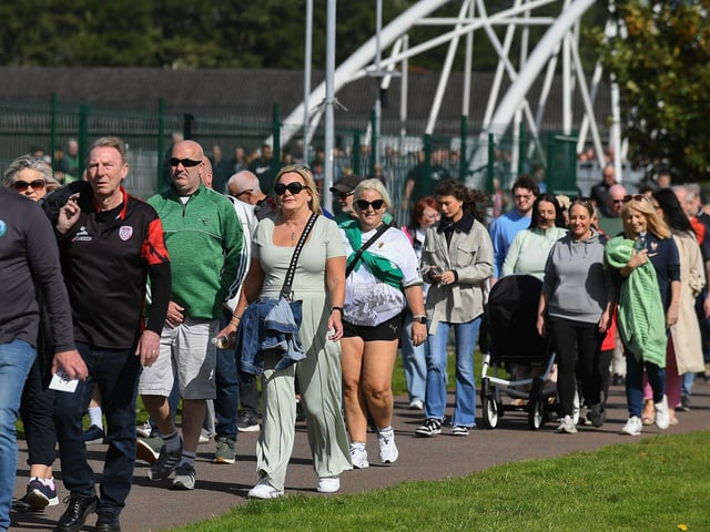 There was a large turnout for Sunday’s Chieftain’s Walk from Bay Road to Foyle Road. Photo: George Sweeney