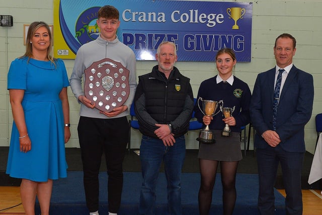 Senior Sports Person of the Year Gareth McElroy and Junior Sports Peron of the Year Tara Rose Mahon pictured at the annual Crana College Prize Giving on Friday afternoon last with Ms Clare Bradley (BOM), on the left, Mr Brian Roper, guest speaker and Mr Kevin Cooley principal. Photo: George Sweeney DER2246GS - 92