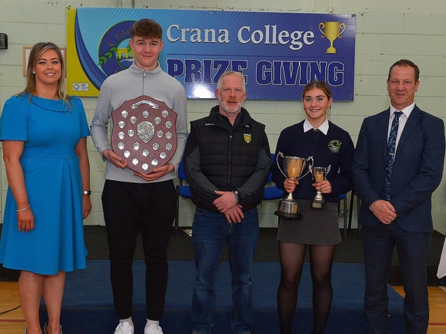 Senior Sports Person of the Year Gareth McElroy and Junior Sports Peron of the Year Tara Rose Mahon pictured at the annual Crana College Prize Giving on Friday afternoon last with Ms Clare Bradley (BOM), on the left, Mr Brian Roper, guest speaker and Mr Kevin Cooley principal. Photo: George Sweeney DER2246GS - 92