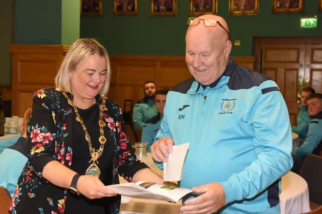 Councillor Sandra Duffy, Mayor of Derry City and Strabane District Council pictured with Raymond  Mitchell, Newbuildings Cricket Club Chairman, as she hosted a reception to mark the clubs Premier Division and Faughan Valley Cup honours.