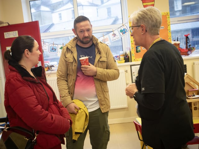 Nursery LSA Susan Devenny (right), in conversation with parents during the Model PS Open Day on Monday.