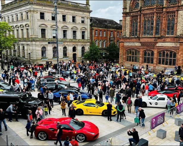 Supercars Lamborghini, Ferrari, Porsche, McLarens and Maserati to Guildhall Square.