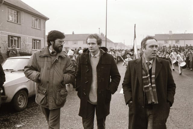 Gerry Adams, Martin McGuinness and Danny Morrison in Linfsort Drive as the Bloody Sunday march formed up in January 1984.