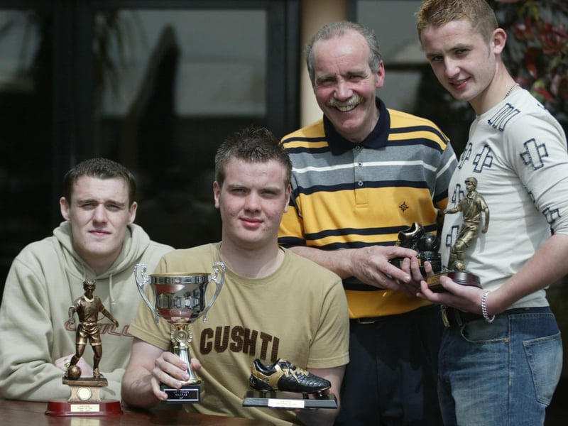 North West Institute of Further and Higher Education soccer award winners from left Gary Ramsey (Player of the year), Russell Porter (Sportsman of the year) and Darren Gamble (Players Player of the Year) with Willie O'Donnell (second from right), student services.  (1605JB50)