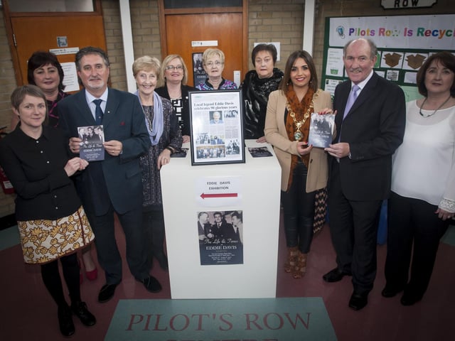 EDDIE DAVIS EXHIBITION. . . .The Mayor of Derry City and Strabane District Council, Elisha McCallion pictured at the launch of the Eddie Davis Exhibition at Pilot's Row on Sunday afternoon, with from left, Judi Logue, Curator, Eden Place Arts Centre, Eamon Davis, Caroline O'Byrne, Anne Hunter, Michaela McFadden, Nuala Walker, Councillor Elisha McCallion, Mayor of Derry, Sean Davis and Geraldine Paul. DER1316MC121