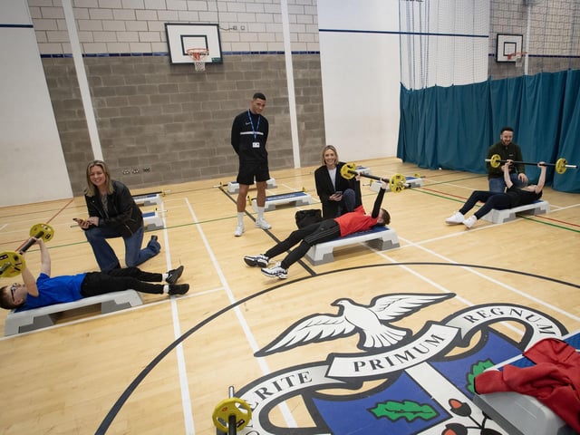 Parents and prospective students showing their fitness levels during Saturday's Open. Day under the supervision of teacher and Finn Harps player Mr. Mikey Place. : .