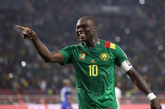 Cameroon's forward Vincent Aboubakar celebrates scoring his team's second goal during the Africa Cup of Nations round of 16 football match between Cameroon and Comoros