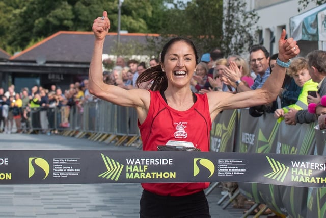 Catherine Whoriskey leads the womens field home as she claimed the Waterside Half Marathon title for a fifth time at Ebrington Square. Picture Martin McKeown. 03.09.23