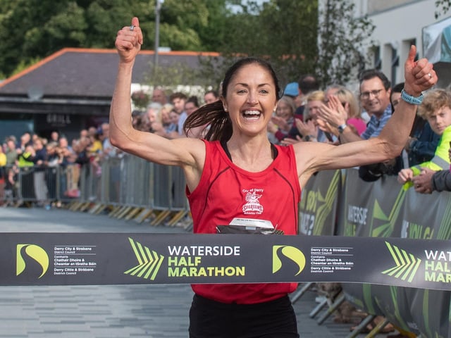 Catherine Whoriskey leads the womens field home as she claimed the Waterside Half Marathon title for a fifth time at Ebrington Square. Picture Martin McKeown. 03.09.23
