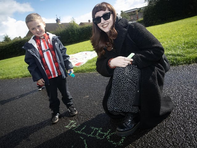 Mum and son Andrea and Daithi Morrison having fun during Saturday's 'Waterside Together' - A Shared Spaces Mini Festival, held at Woodburn Urban Park. (Photos: Jim McCafferty Photography) : .