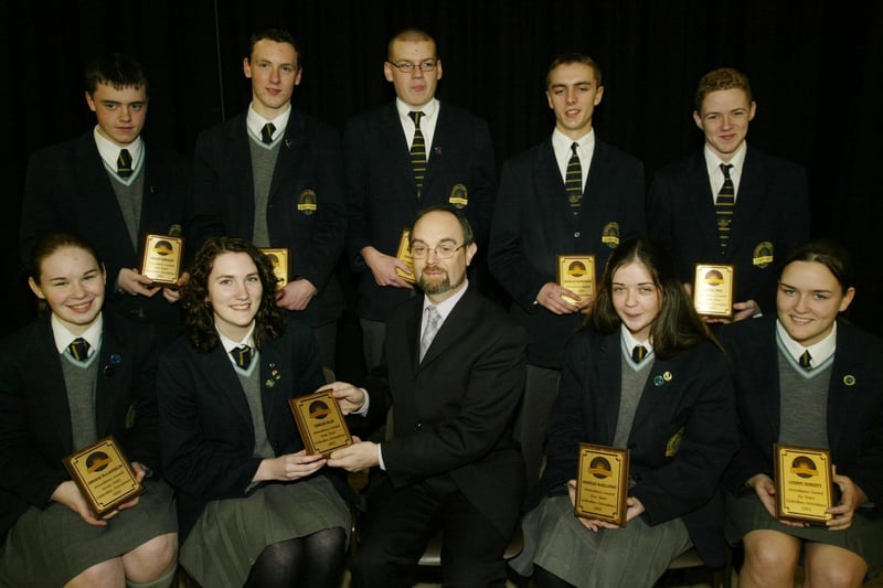 Recipients of unbroken attendance awards pictured with Mr Pat O'Doherty at the Lumen Christi College Senior prizegiving.  Seated are Oonagh McLaughlin, Eimear Blee, Mr O'Doherty, Mairead McGilloway and Lyanne Doherty.  Standing are Emmet Dorrian, Dermot McDaid, Edward Casey, Nicholas McMenamin and Daniel Page.  (1001JB27)