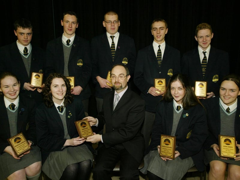 Recipients of unbroken attendance awards pictured with Mr Pat O'Doherty at the Lumen Christi College Senior prizegiving.  Seated are Oonagh McLaughlin, Eimear Blee, Mr O'Doherty, Mairead McGilloway and Lyanne Doherty.  Standing are Emmet Dorrian, Dermot McDaid, Edward Casey, Nicholas McMenamin and Daniel Page.  (1001JB27)