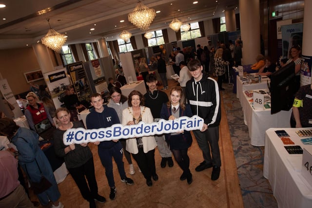 DERRY JOB FAIR. . . .The Mayor of Derry City and Strabane District Council, Patricia Logue pictured at the Derry Job Fair on Tuesday at the City Hotel with some of the young people who were checking out what was on offer.