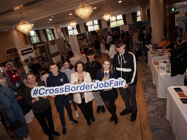 DERRY JOB FAIR. . . .The Mayor of Derry City and Strabane District Council, Patricia Logue pictured at the Derry Job Fair on Tuesday at the City Hotel with some of the young people who were checking out what was on offer.