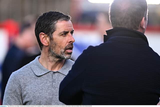 Derry City manager Tiernan Lynch in attendance during the UEFA Champions League First Qualifying Round first leg match between Shelbourne and Linfield at Tolka Park in Dublin. Photo by Ben McShane/Sportsfile