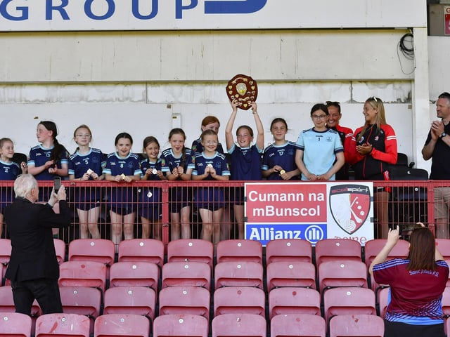 Cumann na mBunscol Doire Girls Championship Finals Day at Celtic Park: Bowl winners Long Tower Primary School. Photo: George Sweeney