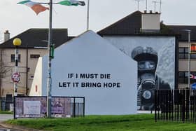 The quote from a Palestinian poet and academic, Rafaat Alareer who was killed in an Israeli airstrike last month, has been painted on Free Derry Corner.