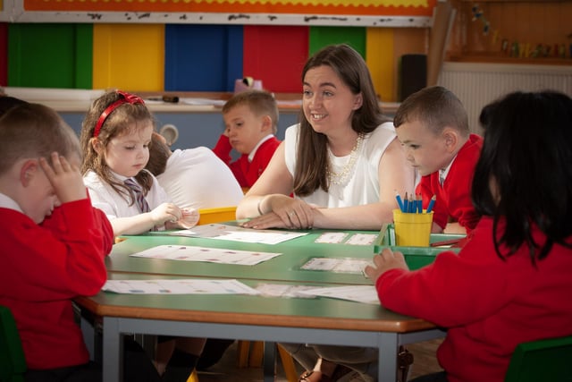Miss McNutt in conversation with Primary 1 pupils Niamh and Gerard on Tuesday.