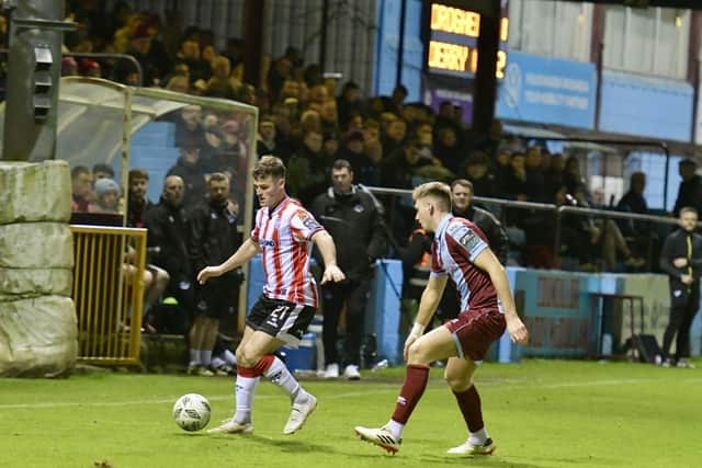 Derry City striker Danny Mullen in possession against Drogheda at Weavers Park on Friday night.