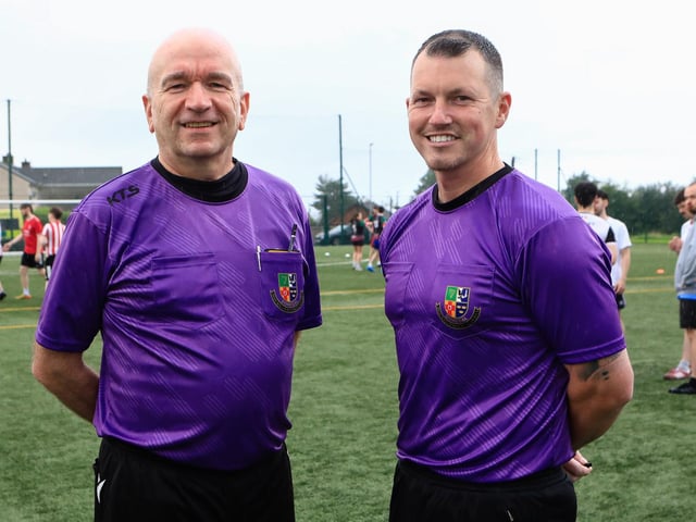 Referees Paul Clifford and Paul Gillespie at the Foyle Pride Football v Homophobia held in the Waterside Shared Village. (Photo - Tom Heaney, nwpresspics)