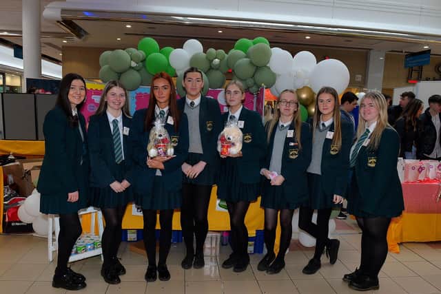 Year 13 students from Thornhill College pictured at their ‘Peace of Mind’ gift stall during the Young Enterprise trade fair held in the Foyleside Shopping Centre on Friday. Photo: George Sweeney. DER2307GS – 54