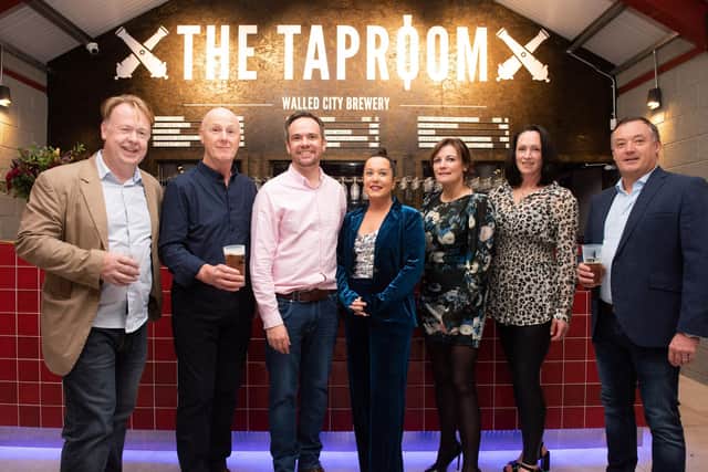 Alwyn Whiteman, Clarke and Whiteman Architects,  Eugene Coyle, Yvonne Clarke, architect and Interior Designer, Katie McFarland, designer and Richard Gamble, JA Gamble, builder, pictured at the opening of The Taproom at the Walled City Brewery. Picture Martin McKeown. 21.10.22