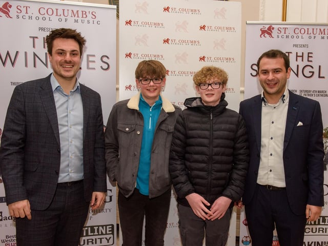 Louis Fields and Nicky Morton, founders of St.Columb’s School of Music pictured with Clark and Elliot McClintock as they hosted the School’s annual Gala concert in St.Columb’s Hall headlined by the Swingles, Picture Martin McKeown.
