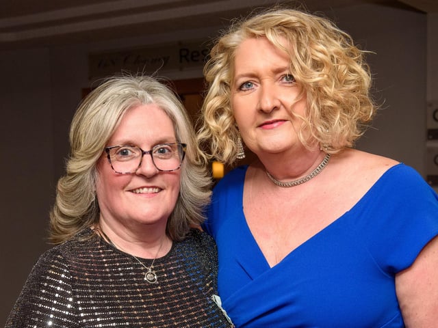 Rhonda Thompson and Hilary Lyttle pictured at Londonderry Musical Society’s 60th Anniversary dinner in the White Horse Hotel. Picture Martin McKeown. 14.01.23