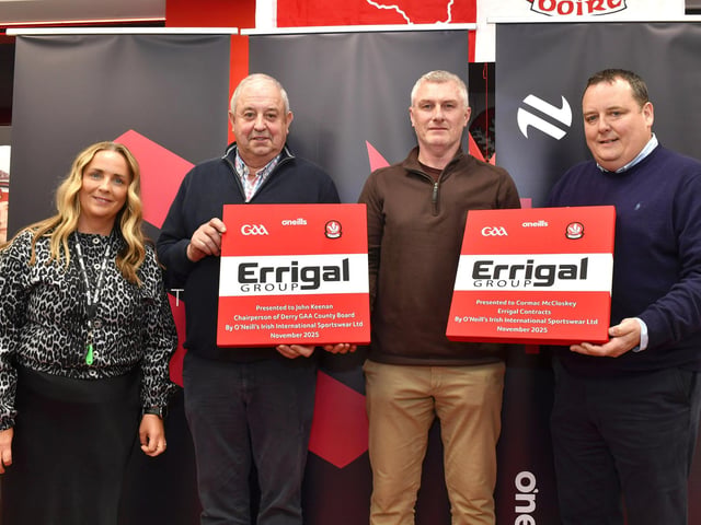 Caroline Casey, manager of O'Neill's sports store, Derry, John Keenan, chairperson Derry GAA, John Tumilty, O'Neill's Sportswear, and Cormac McCloskey, Co-Owner and Director at Errigal Contracts Ltd, pictured at the launch of Derry's new home and away jersey, for the 2026/2027 season, at O'Neill's sports store in Waterloo Place on Thursday evening. Photo: George Sweeney