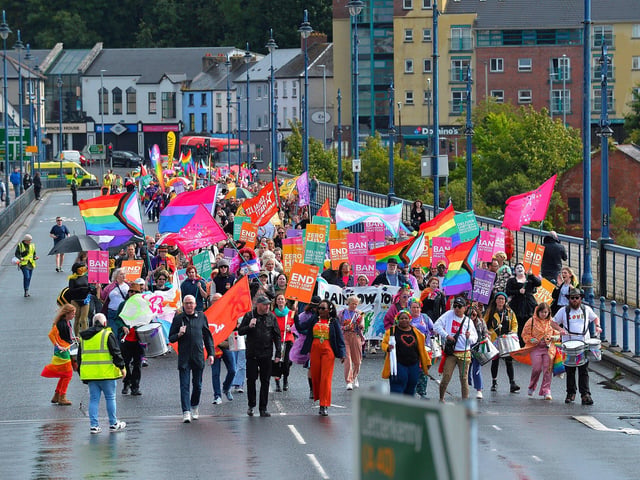 The 2024 Foyle Pride Parade on Craigavon Bridge. Photo: George Sweeney