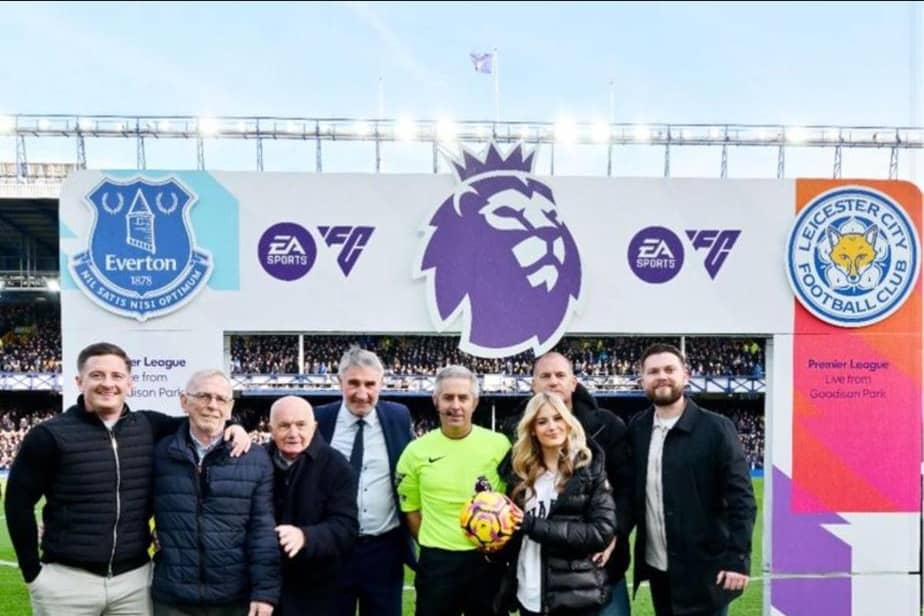 Central 67 Mortgages Ltd, sponsors of match ball for Premier League fixture between Everton and Leicester City, presenting the match ball to the referee on the Goodison Park pitch