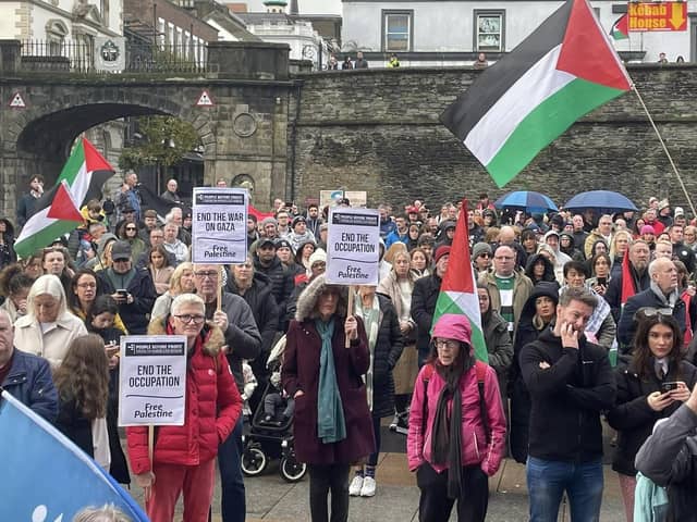 There was a large attendance at the rally for Palestine in Derry on Saturday.