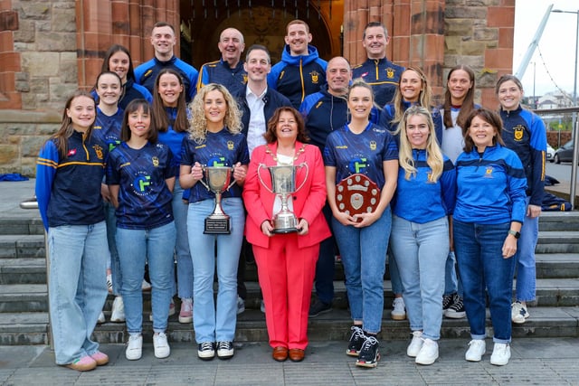The Mayor of Derry and Strabane, Councillor Patricia Logue hosts a reception in the Guildhall for Steelstown Brian Og's GAC Senior Ladies team in recognition of their recent successes -  2023 Derry Senior League Winners, 2023 Derry Senior Champions (4 years in a row), and 2023 Ulster Intermediate Champions.