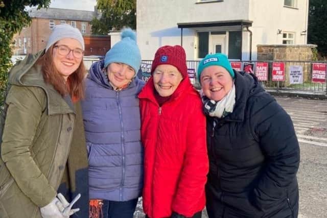 Mary Kelly with her daughter, Sr Maire O Hara and SN Fiona Doherty and Edel Barr, representing the Acute Care At Home Team on the picket line at Gransha.