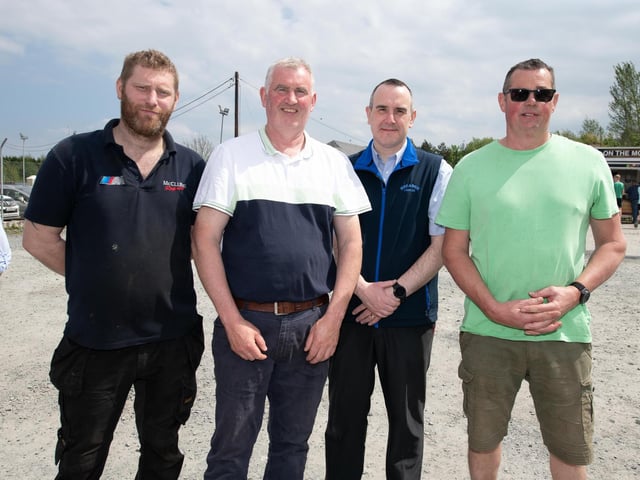 Ian McClure, Gerad O'Loan, Damien Cormick and Gerard O'Donnell at the Allen Wylie Memorial Tractor Run from Letterkenny to Newtoncunningham on Saturday last  held to raise funds for the Good & New Cancer Bus.    Photo Clive Wasson