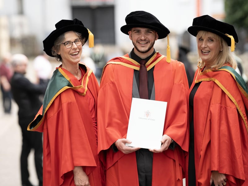 Professor Alison Gallagher, Head of the Doctoral College at Ulster University; Dr Ruairidh Harrigan, Faculty of Life and Health Sciences; and Professor Sonja McIlfatrick, Dean of the Ulster University Doctoral College at the Ulster University graduations in Derry on Monday July 8. (Photo: Nigel McDowell / Ulster University)